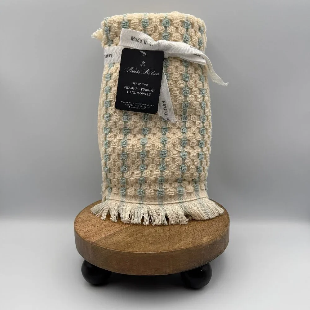 Brooks Brothers Premium Turkish Cotton Hand Towel Set of 2 Fringed Cream/Blue